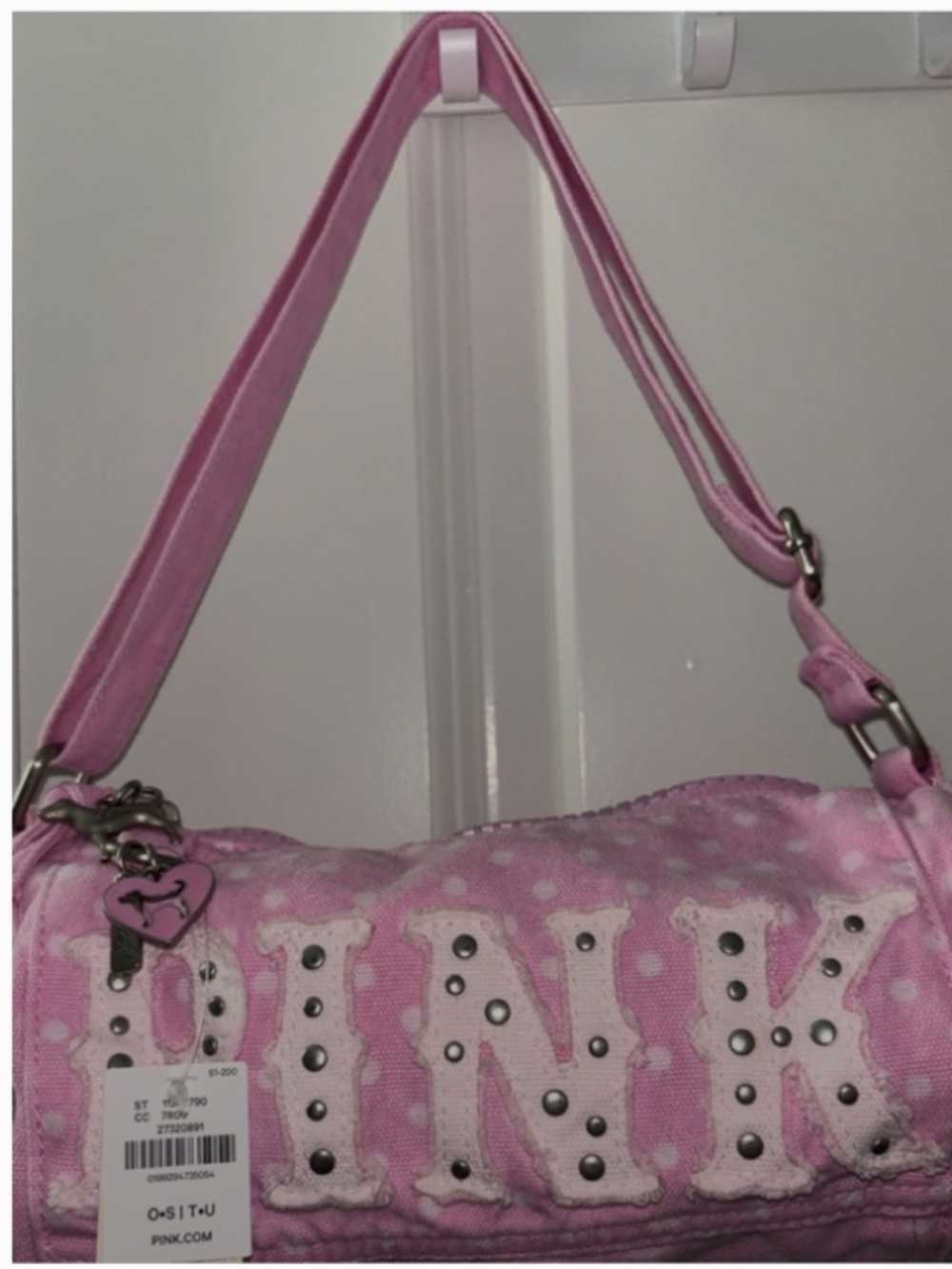 NWT PINK Canvas Rolled Duffle Shoulder Bag
with white polka dots and rhinestones